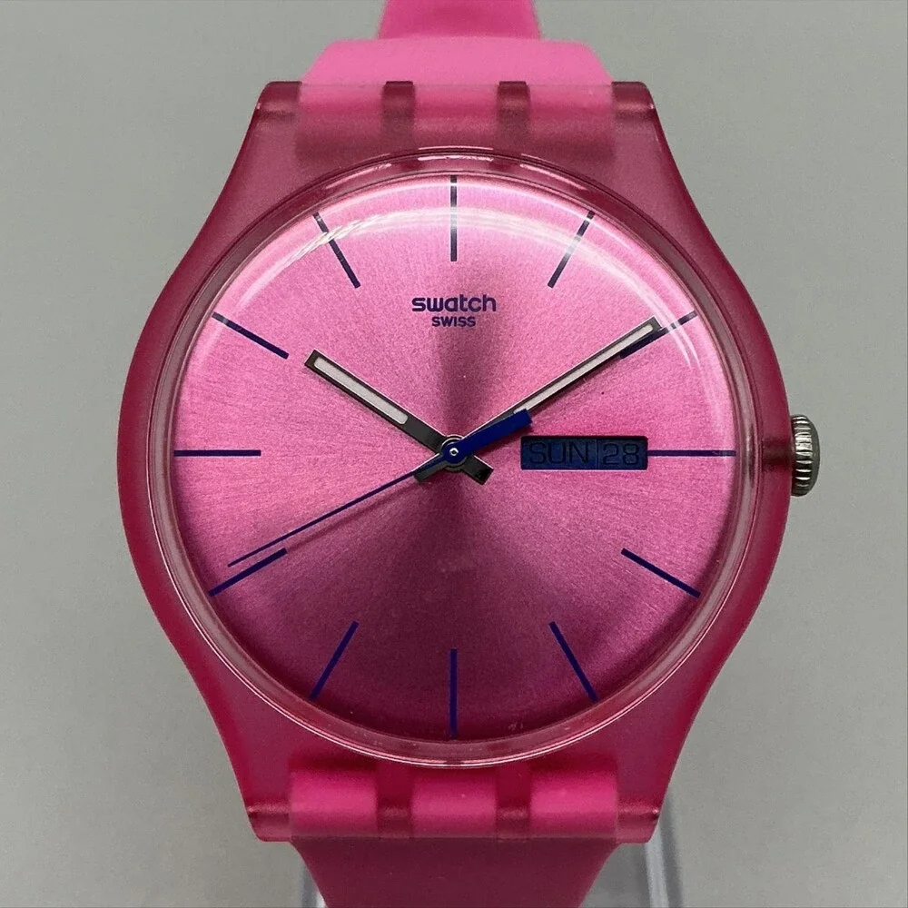 Swatch Pink Rebel Unisex Watch 40mm Pink Dial Day Date Swiss New Battery